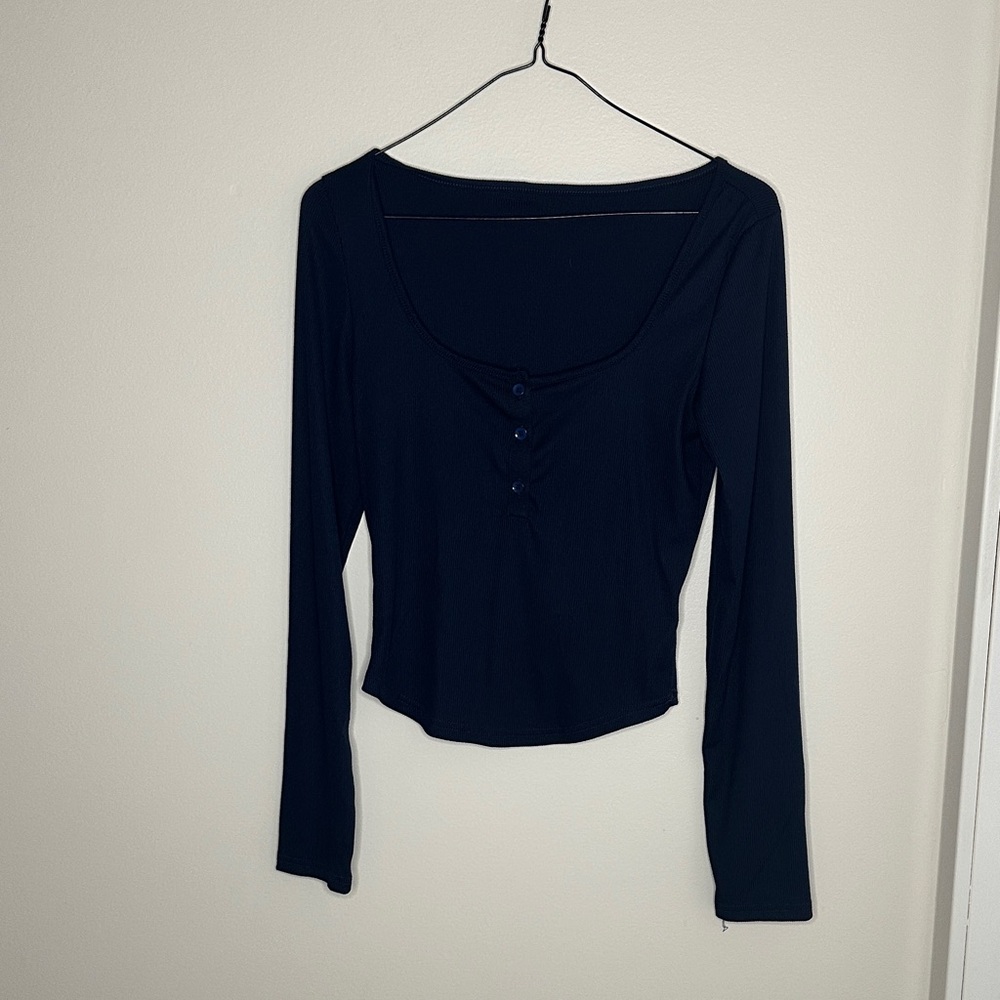 SHEIN Dark Blue Long Sleeve Top with Button Accents